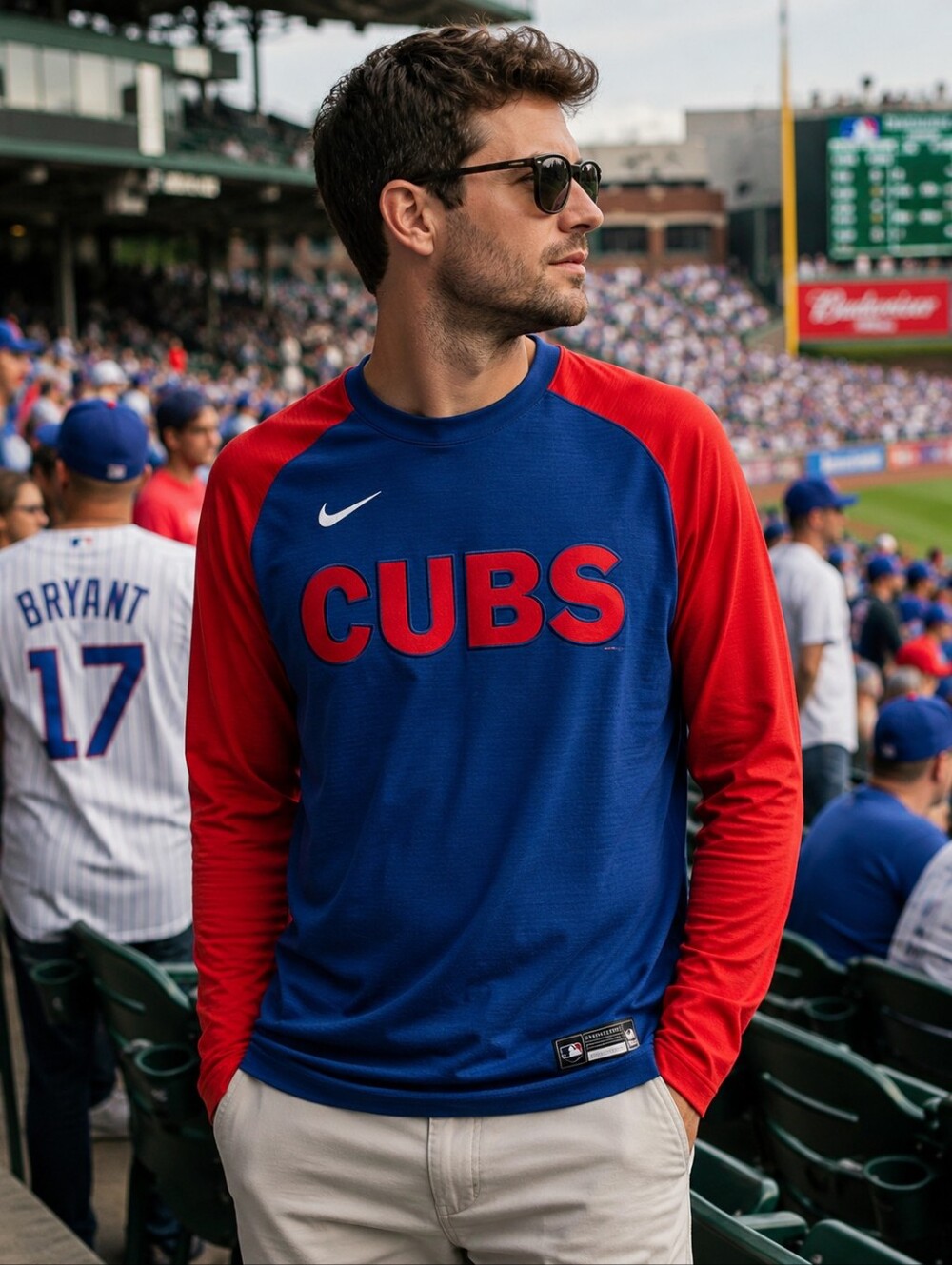 NIKE Cubs Shirt Mens Medium Blue Red Dri Fit MLB Baseball Long Sleeve